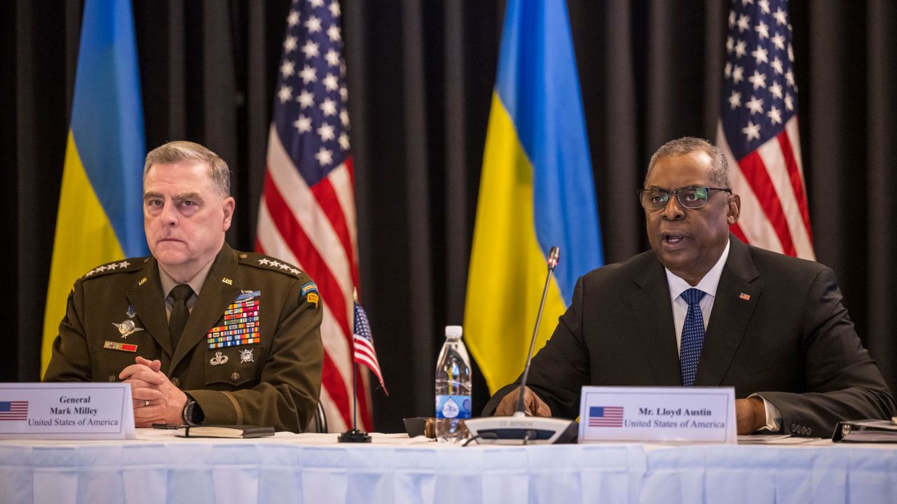 Gen. Mark Milley and Secretary of Defence Lloyd Austin attend a meeting of the Ukraine Defence Contact Group at Ramstein Air Base on April 21, 2023.