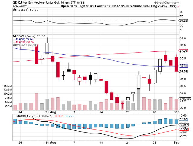 GDXJ stock price chart July-August 2023