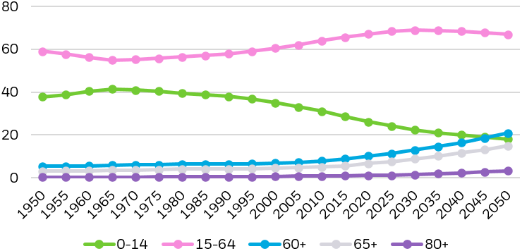 Line chart visually tracing India's shifting demographic landscape from 1950 to 2050, categorizing the population into distinct age groups.