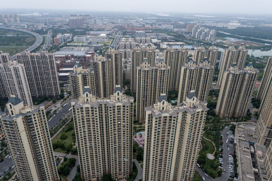 This aerial photo taken on September 28, 2023 shows a housing complex by Chinese property developer Evergrande in Wuhan, in China's central Hubei province. (Photo by AFP) / China OUT (Photo by STR/AFP via Getty Images)