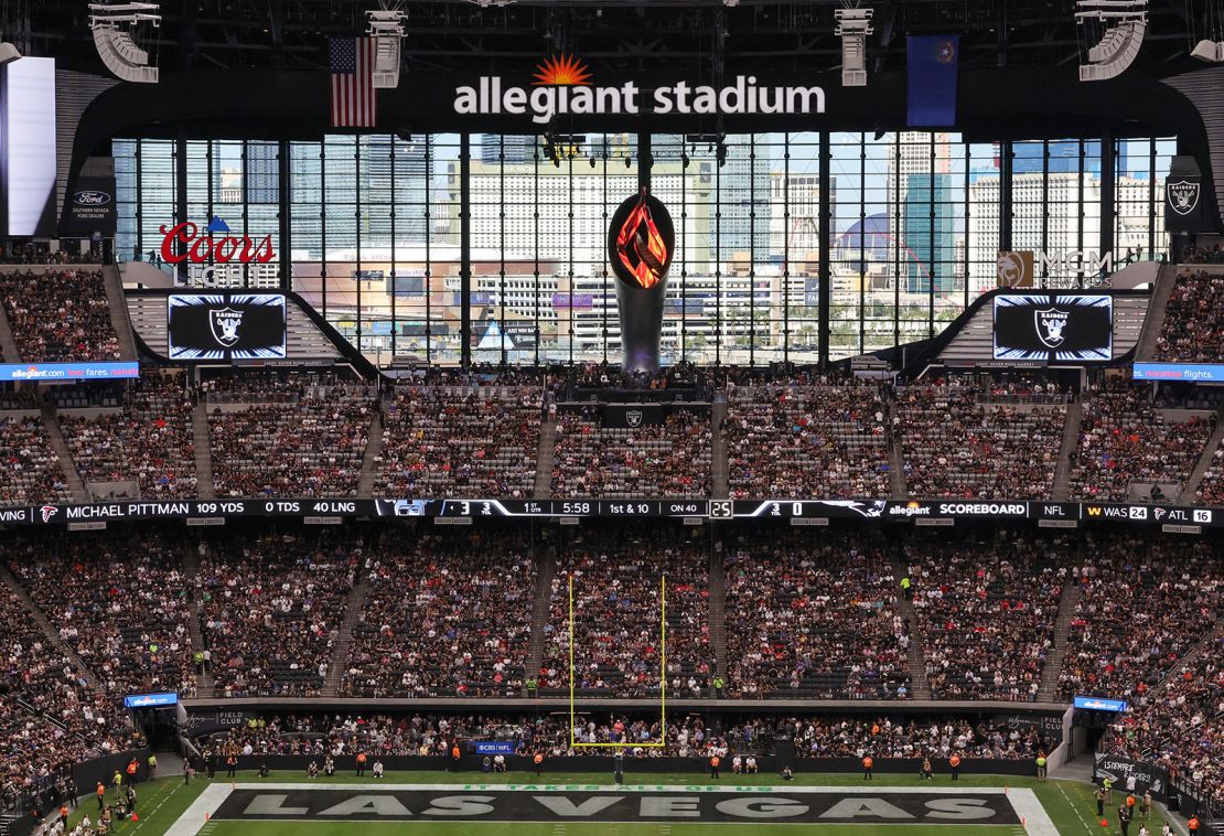 LAS VEGAS, NEVADA - OCTOBER 15: A general view shows the Las Vegas Strip outside the lanai doors at Allegiant Stadium behind the Al Davis Memorial Torch during the first quarter of a game between the New England Patriots and the Las Vegas Raiders on October 15, 2023 in Las Vegas, Nevada. The Raiders defeated the Patriots 21-17. (Photo by Ethan Miller/Getty Images)