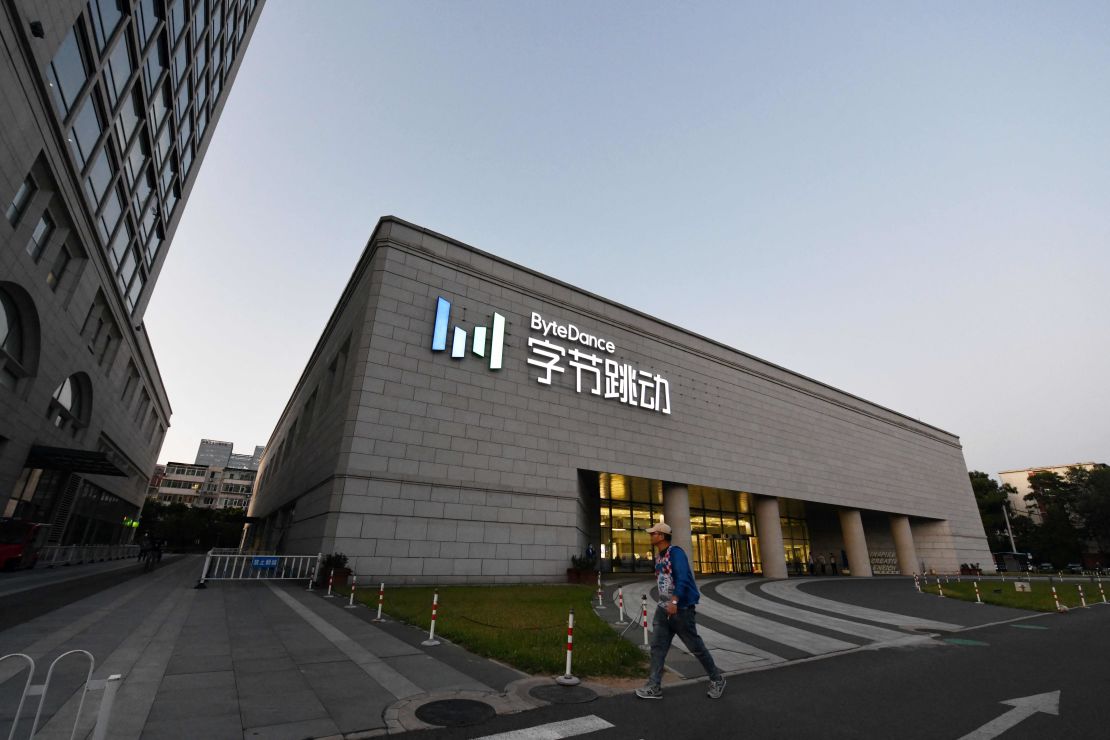 A man walks past the headquarters of ByteDance, the parent company of TikTok, in Beijing.