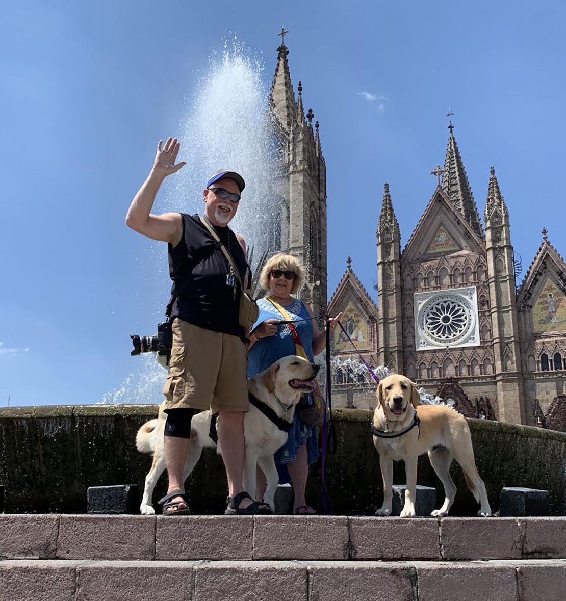 Bill and Jacki Dahl are pictured with dogs Reno and Rocky at Templo Expiatorio in Guadalajara, Mexico.