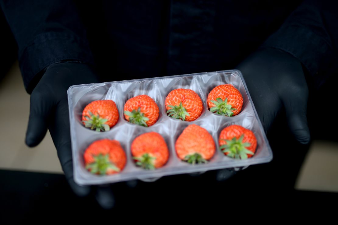 Oishii strawberries on display in 2022 in Beverly Hills, California.