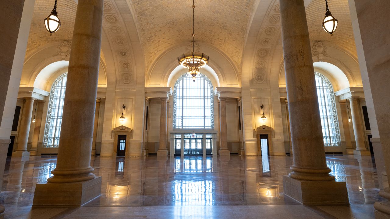 Michigan Central Station's Grand Hall before and after the six-year renovation project funded by the Ford Motor Company.