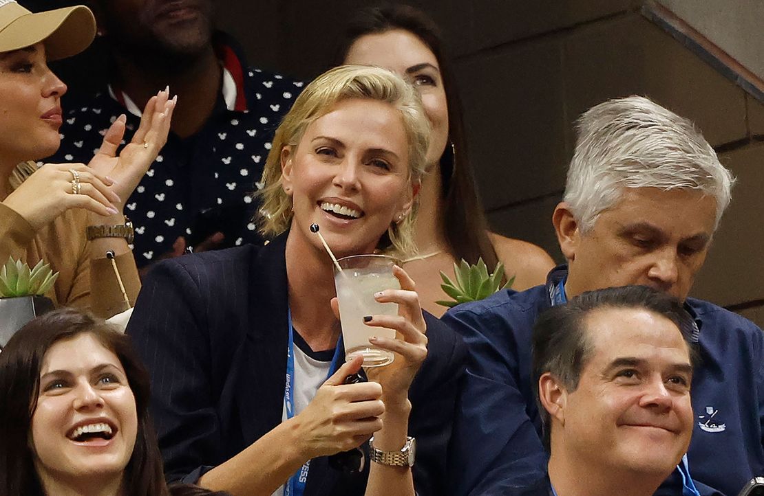 Charlize Theron sips an Ace Paloma at the Maestro Dobel suite in 2023.