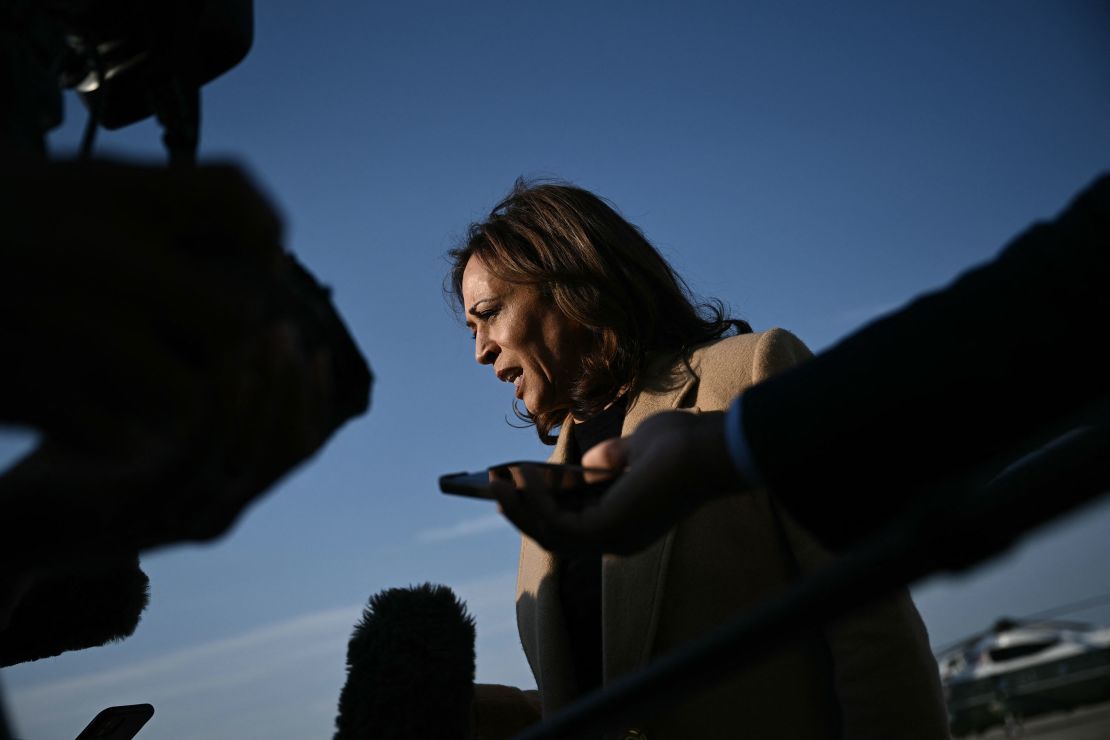 Vice President Kamala Harris speaks to the press before boarding Air Force Two at Joint Base Andrews in Maryland on October 12, 2024.